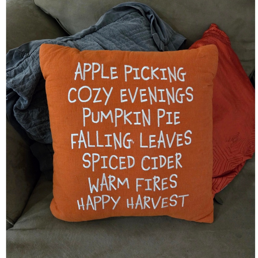 Fall Harvest Embroidered Throw Pillow Orange 16x16 Decorative Autumn Decor